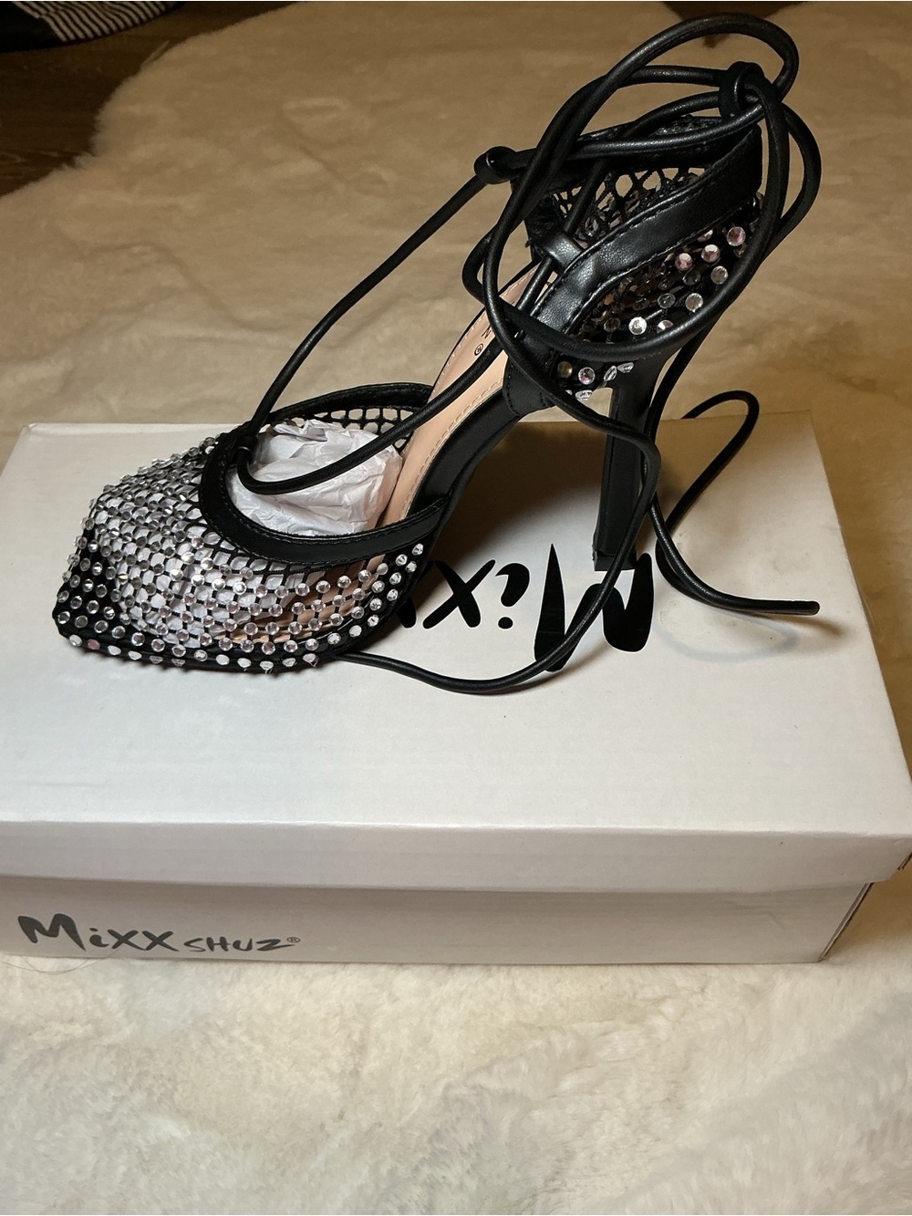 Mixx Shuz Black Crystal Lace-Up Stiletto Pumps - Picture 5 of 7